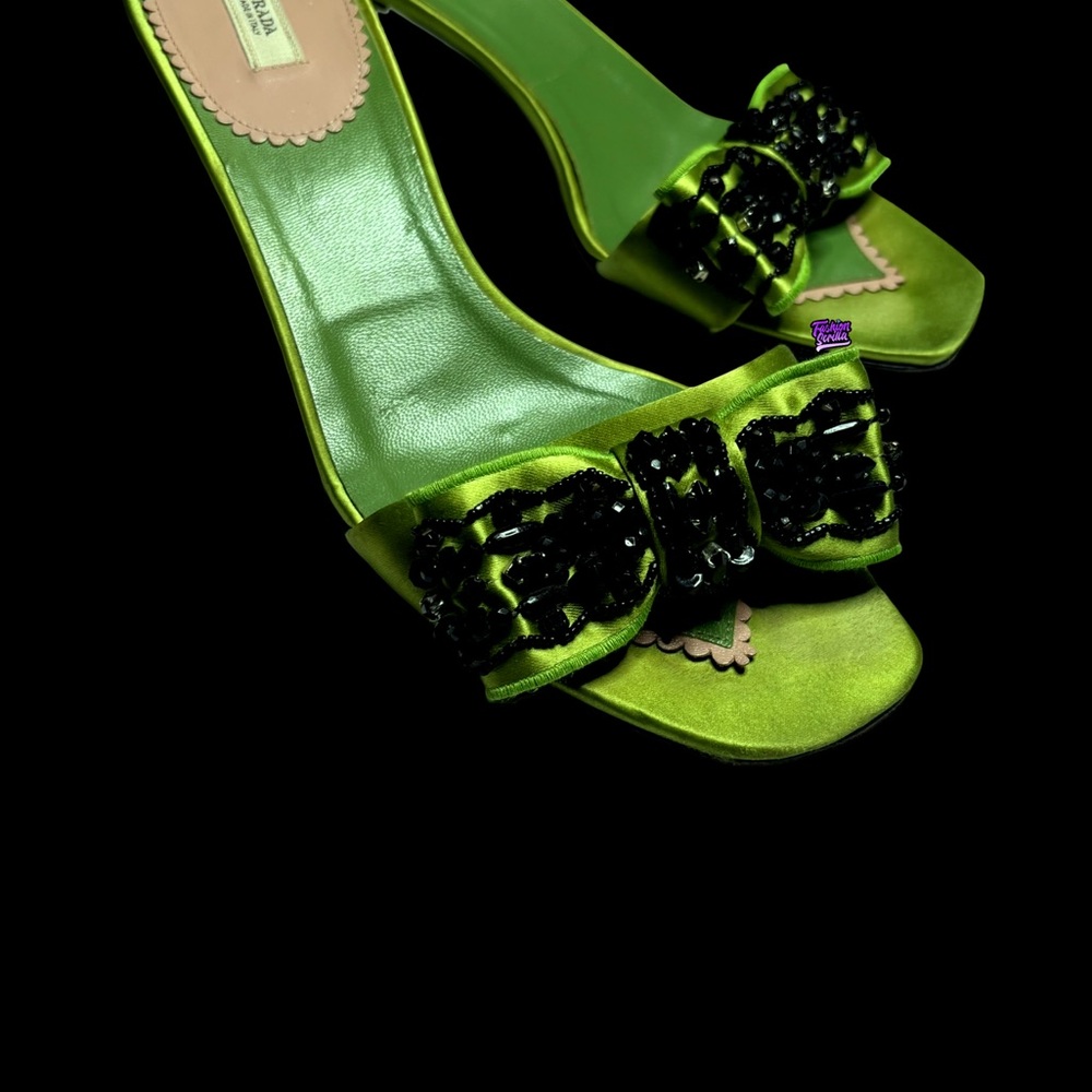 Prada Archive Poison Apple Silk Green Beaded Apliqué Bow 2000s Kitten Heel Mules - Picture 7 of 8